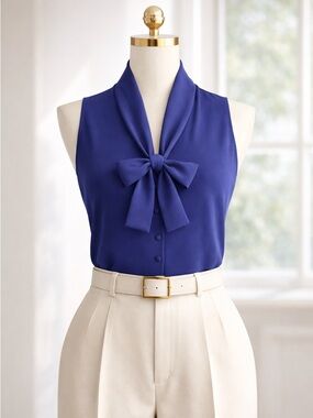 Ann Taylor Sleeveless Bow-Neck Blouse in Royal Blue